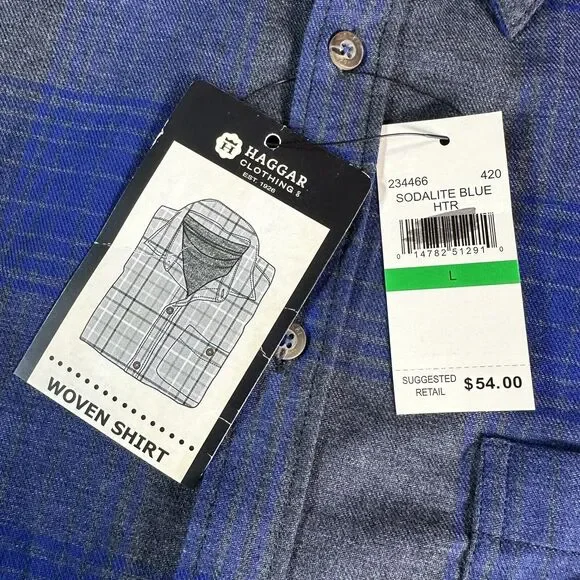 NEW Haggar Mens Size Large Blue Gray Plaid Woven Button Up Long Sleeve Shirt NWT - Picture 5 of 7